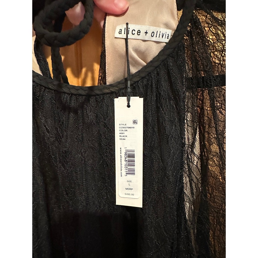 Alice + Olivia Delia Ruffle Tunic Blouse Black Floral Lace Womens L NWT - Picture 5 of 10
